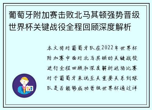 葡萄牙附加赛击败北马其顿强势晋级世界杯关键战役全程回顾深度解析 葡萄牙附加赛击败北马其顿强势晋级世界杯关键战役全程回顾深度解析